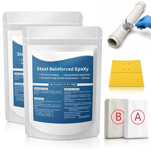 Strong Clay Iron Adhesive, Steel Reinforced Epoxy Putty, Repair Putty Waterproof, Heat Resistant Drillable, Filler for Metal PVC Pipe, Plastic Wood Ceramic, Easy Operation, Strong Adhesion (2PCS)