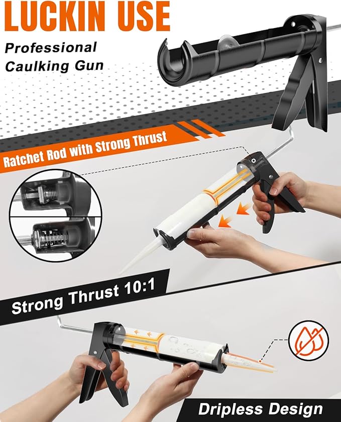 Holothurian Caulking Gun, Caulk Gun No Drip,Sealant Finishing Tool Grout Scraper for Kitchen Bathroom Window Sink Joint, 1/10 Gallon Cartridge, 10:1 Thrust Ratio, Black