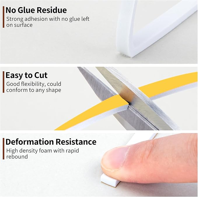 Yotache White Doors Windows Weather Stripping 1/4" x1/8", Foam Insulation Sealing Gasket Tape for Doors, Sliding Door, Total 50 Feet Long (3 X 16.5 Ft Each)