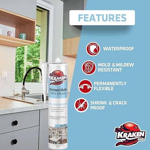 Kraken Bond Premium Kitchen and Bathroom Silicone Caulk Clear - (1x10.1 fl.oz) RTV Clear Silicone Sealant Waterproof for Kitchen, Bathroom, Shower, Sink, Anti Shrink 100% Silicone Caulking | 1 Pack