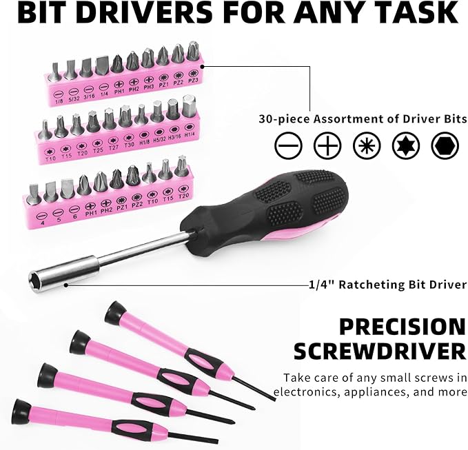 58-Piece Pink Home Tool Set | Basic Household Hand Kit for Women Girls Ladies | All Purpose Small Tool Kit with Storage Toolbox for Home Repair DIY