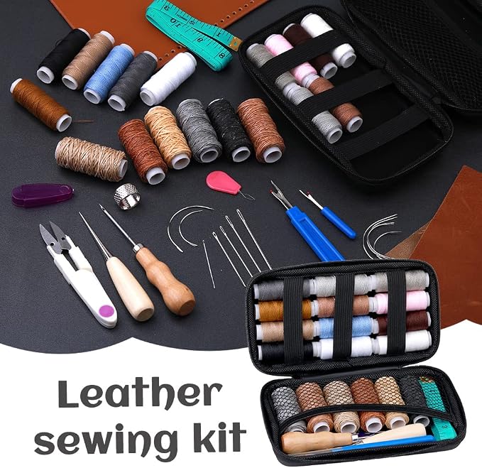 BUTUZE Upholstery Repair Kit, Leather Sewing Kit, Sewing Thread, Waxed Thread, Heavy Duty Hand Sewing Needles, Sewing Awl, Heavy Duty Sewing Kit for Car Carpet Sofa Shoe