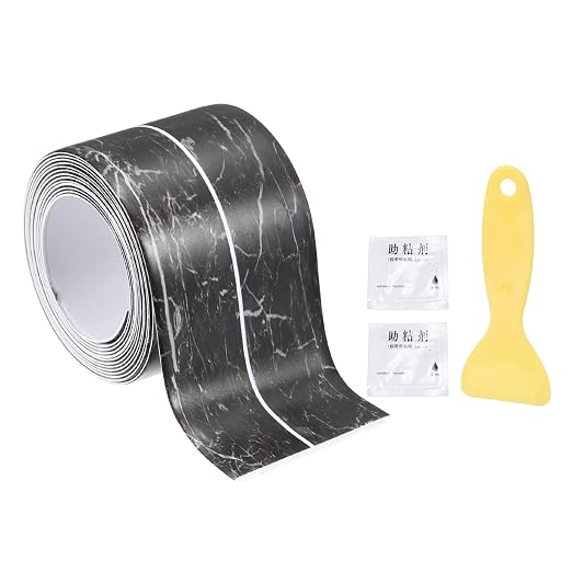 uxcell Caulk Tape Waterproof, 1.42 Inch x 4.92 ft Self-Adhesive Sealant Sealing Strip Caulking Sealant Tape PVC with Tool for Kitchen Sink Toilet Bathroom Bathtub Floor, Black Marble