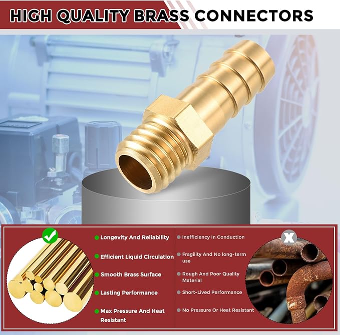 Pack of 10 Brass Hose Barb Fittings 10mm Hose Barb to M12x1.75 Male Fittings for Home Machines, Massage Bathtubs, and Irrigation Systems