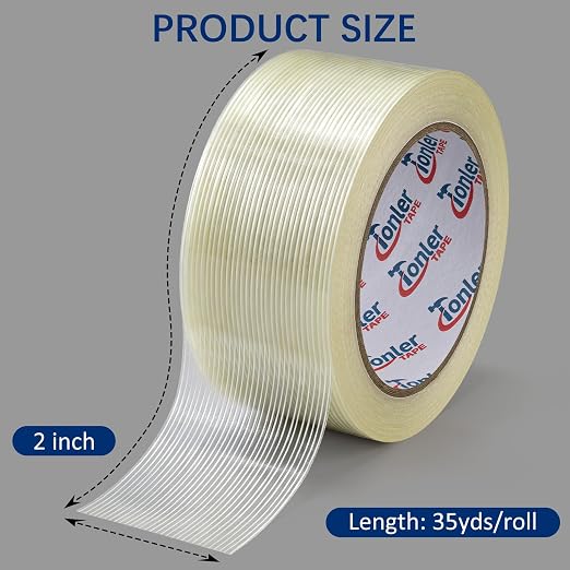 Heavy Duty Filament Strapping Tape 2 Rolls 2 x 35 Yds, Waterproof Weatherproof Strong Adhesive Tape for Shipping, Pallet Securing and Industrial Bundling