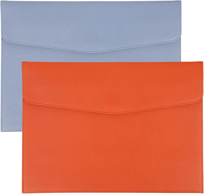 PATIKIL 2Pcs PU Leather A4 File Folder, Document Holder Envelope Waterproof Napa Texture Filing Organizer Portfolio Folder Case with Magnetic Snap for Home Office, Light Blue, Orange