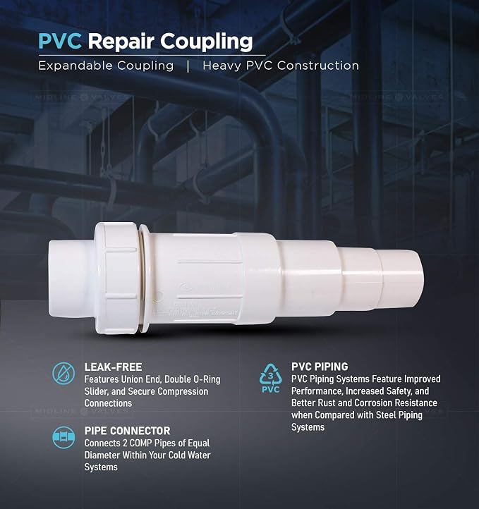 Midline Valve 567SD300 Heavy Duty PVC Repair Coupling; Expandable Pipe Fitting; 3 in.; White Plastic