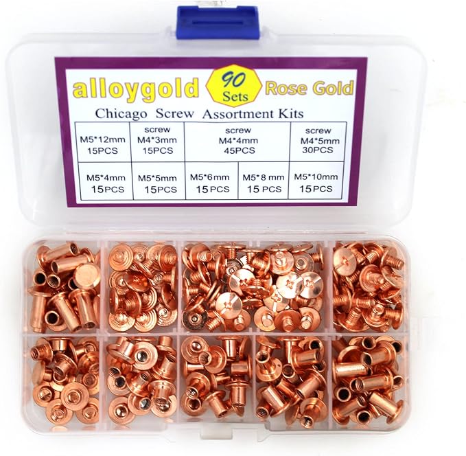 90 Sets Rose Gold Chicago Screws Leather Assorted Kit ，6 Sizes of Screw Rivets for Leather Rivet for DIY Leather Craft and Bookbinding (M5 X 4, 5, 6, 8, 10, 12)