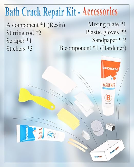 Bath Repair Kit White, Endhokn Enamel, Porcelain, Acrylic, Fiberglass, Ceramic Sink, Tub Tile Toilet Shower Kit & Tray & Chip & Pedestal Crack Hole Scratches Repair