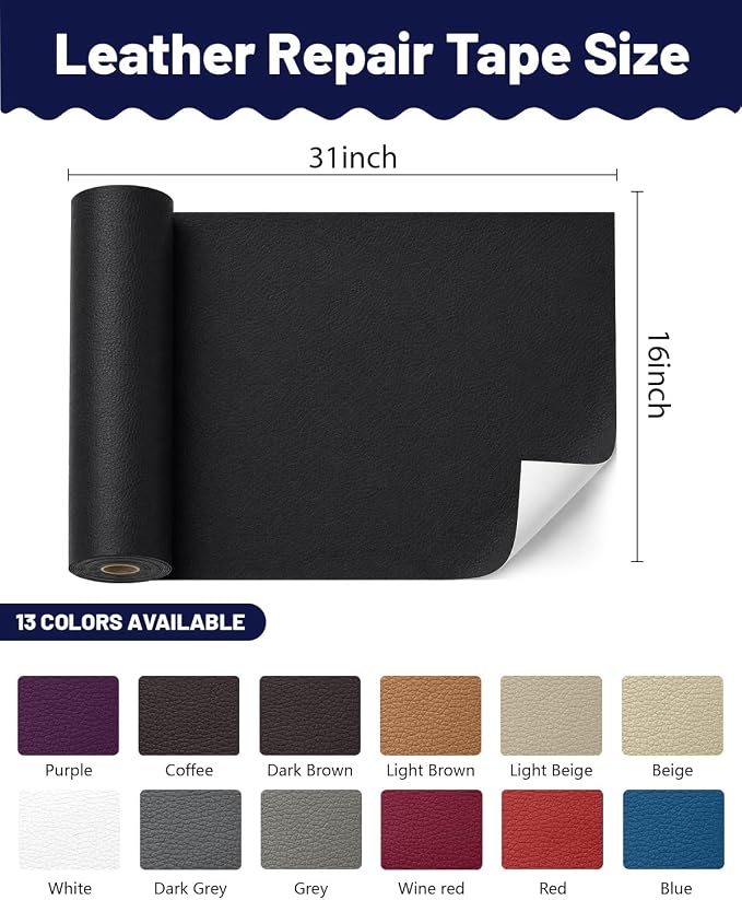 BOUYEER Leather Repair Patch Tape Kit,Self Adhesive Leather Repair for Sofa，Car Seat,Office Chair,Furniture,Jacket,Waterproof Strong Adhesive Vinyl Repair Kit. 16 in x 31 in,Black