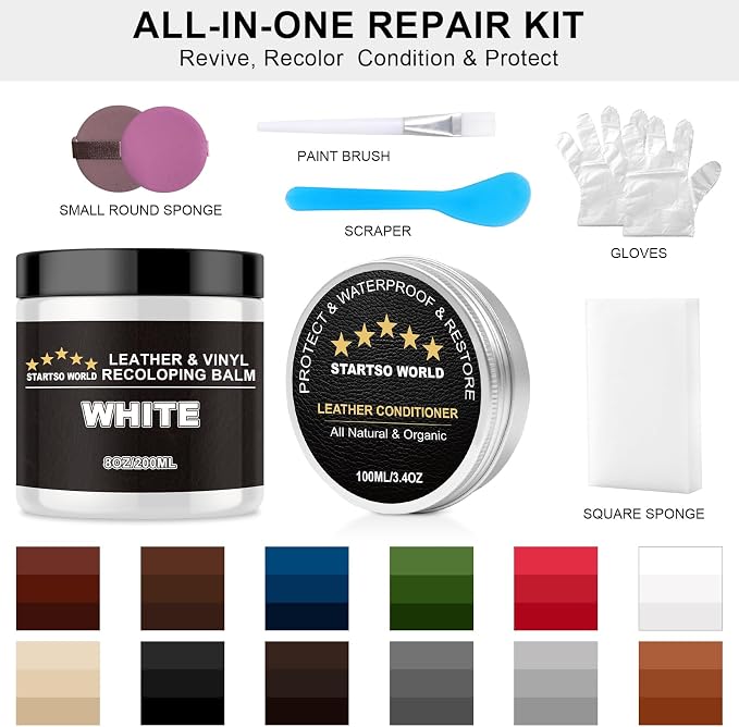 STARTSO WORLD 200Ml Leather Recoloring Balm with 100ML Leather Conditioner, White Leather Repair Kit for Furniture, Leather Dye, Leather Scratch Repair, Leather Couch Paint