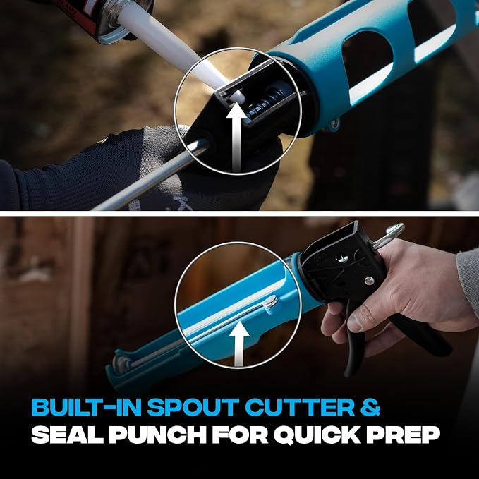 OX Drip Free Caulk Gun 10 oz - 12:1 Thrust Ratio - Lightweight with Spout Cutter & Seal Puncture - Caulking Gun No Drip Plumber Tools - Pistola Para Silicon