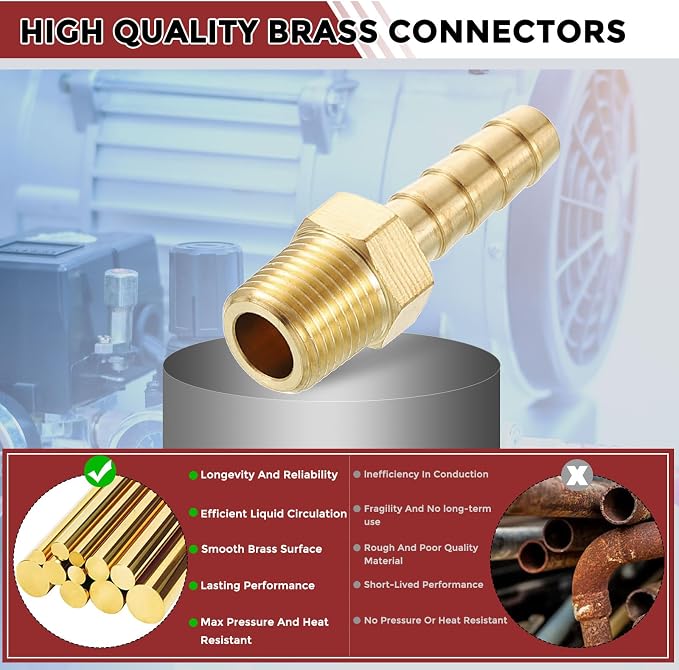 Pack of 2 Solid Brass Hose Barb Fittings 1/4" Hose Barb to 1/8" NPT Male Fittings for Home Machines, Massage Bathtubs, Air Compression and Irrigation Systems