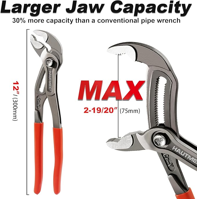 HAUTMEC 12-Inch Water Pump Pliers, Fast Adjustable Tongue and Groove Joint Pliers, V-Jaw with Comfort Grips, Rust-Proof CRV Steel Construction for Plumbing, Home Repair, and Pipe Fittings HT0368-PL