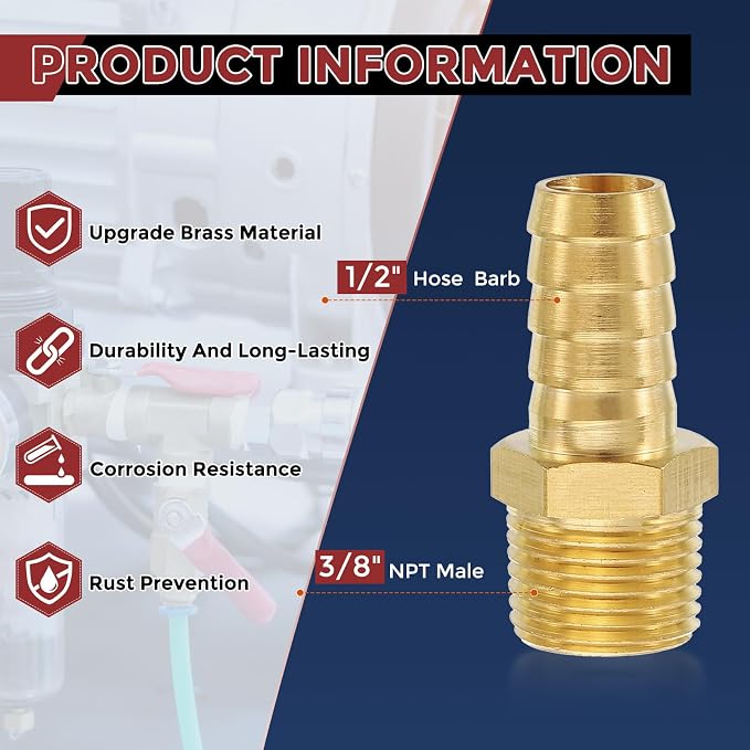 Pack of 6 Brass Hose Barb Fittings Adapter Connector 1/2" Hose Barb to 3/8" NPT Male Fittings for Home Machines, Massage Bathtubs, and Irrigation Systems