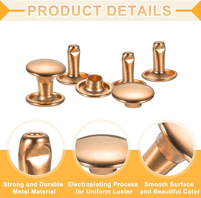 uxcell 120Set Leather Rivets, 8mm Double Cap Rivet Tubular Metal Studs Repairs Decoration Craft Accessories for Repair Decorate Leather Craft Belt Bag Shoes Purse Belts, Light Gold