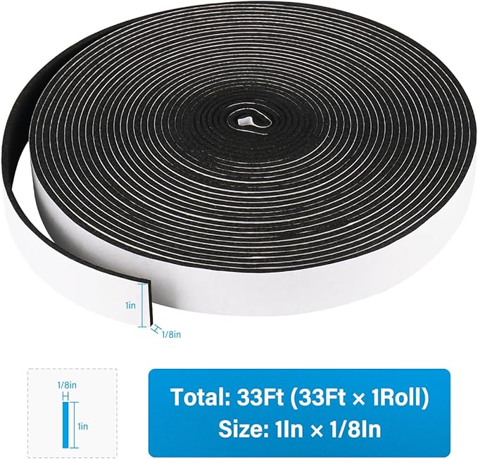 DGSL Foam Insulation Tape, 1In x 1/8In x 33Ft Weather Stripping Door Seal Strip for Doors and Windows,Sliding Door, Soundproofing Door Seal,Weatherstrip,Air Conditioning Seal Strip