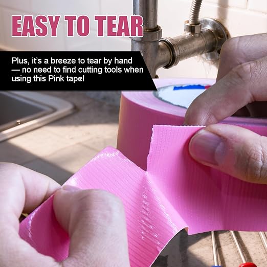 3 Rolls Pink Duct Tape, Heavy Duty Strong Industrial Colored Duct Tape 9mil x 2inch x 25yds Flexible, No Residue, Waterproof and Tear by Hand, Multi-Use for Indoor & Outdoor Repairs