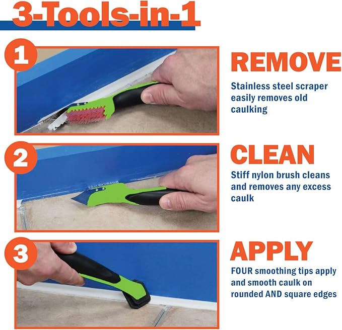 Warner Manufacturing 3-in-1 Caulk Tool for Easy Removal and Application, Scraper, Brush and Applicator,Green