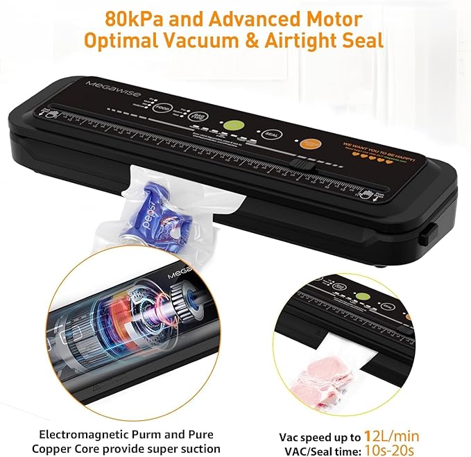 Updated Vacuum Sealer Machine，MEGAWISE Food Sealer w/Starter Kit (Black)