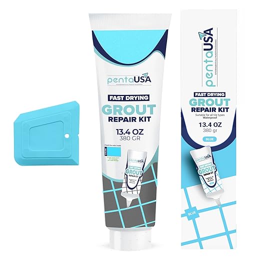PentaUSA Tile Grout Repair Kit - Blue Premixed Acrylic Sanded Grout, Water-Resistant Grout Filler for Bathroom&Shower, Kitchen Floor, Fast Drying, with Applicator, 13.4 oz (380g)