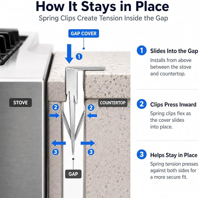 Stainless Steel Stove Gap Covers, 2 Pack Extendable Stove Gap Filler 13.8"-27.5", 0.79" Wide, Deep-Lock Heart Clips, Heat Resistant Range Trim Kit for Kitchen Counter Gaps, Silver