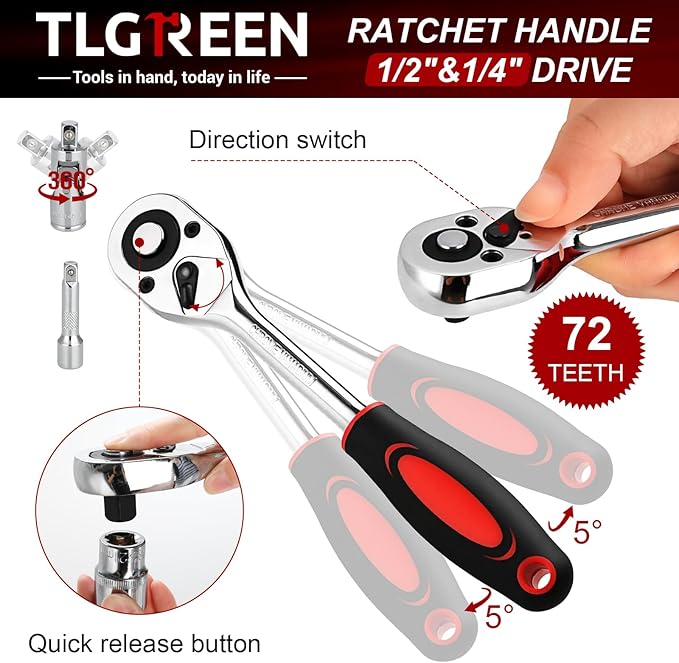 TLGREEN 108 Pcs Mechanic Socket Tool Kit,CR-V Steel Metric And 1/4" & 1/2" Ratchet set,Universal Joint,Extension Bars,Adapter,Quick Release Ratchet Wrench,Tool Box Set for Car Garage Dorm