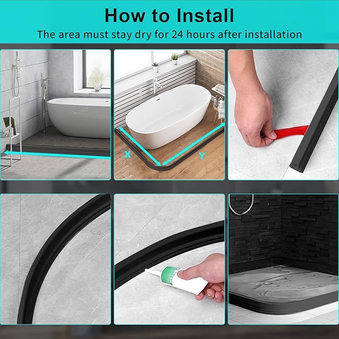 Hi-Na 3ft/5ft/6ft/8ft10ft Collapsible Shower Threshold Water Dam Water Barrier for Shower and Water Stopper Keeps Water Inside Water Threshold for Wet and Dry Separation (6ft, Black)