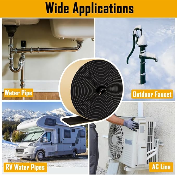 DEMEDO Pipe Insulation Tape, Pipe Wrap Insulation Foam Tape Self Adhesive, Outdoor Water Pipe Insulation Roll for HVAC, AC Line Insulation, 5 inch x 16.5 FT Heat Tape for Water Pipe, Black