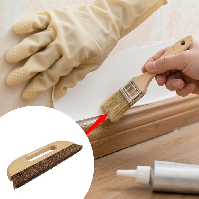 KUMGROT 3-Row Horse Hair Wallpaper Brush, Beech Wood Handle Smoothing Tool for Wall Cleaning/Tile Grout Scrubbing, Multi-Purpose Home Improvement Brush, 2 Pcs Brown (W02)