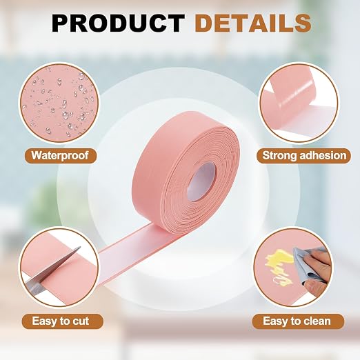 uxcell Caulk Tape Waterproof, 0.83 Inch x 16.4 ft Self-Adhesive Sealant Sealing Strip Caulking Sealant Tape PVC with Tool for Kitchen Sink Toilet Bathroom Bathtub Floor, Pink