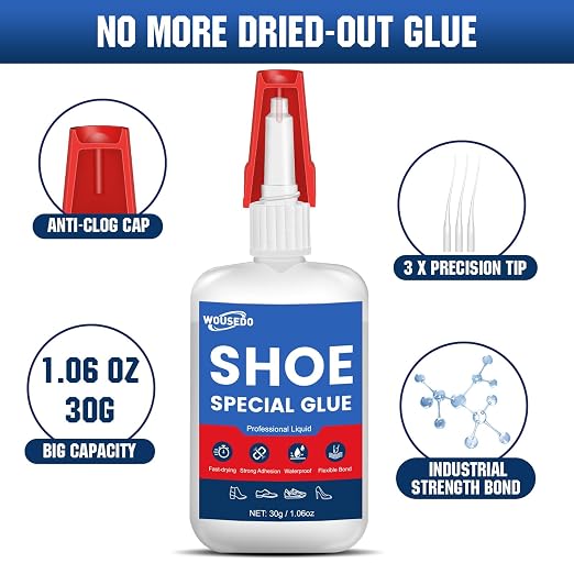 WOUSEDO Shoe Glue 30g, Flexible & Waterproof Instant Adhesive | Quick Dry in Seconds, Heavy Duty Clear Glue for Sole Repair on Sneakers, Boots, Heels, Hiking Shoes, Leather & Rubber