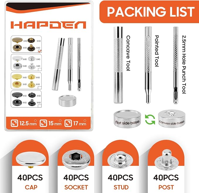 Leather Snaps and Fasteners Kit，17mm 40 Sets Metal Snap Buttons with Setter Tools， Sewing Snaps for Clothing，Fabric，Leather, Clothes, Jackets, Bags, DIY Crafting （Silver）