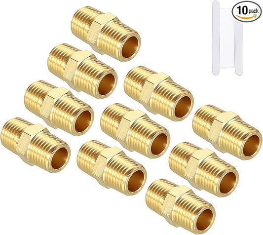 Pack of 10, 1/4" MNPT to 1/4" MNPT Solid Brass Hex Nipple Hose Connectors W/Sealing Tapes, Male Pipe Adapter for Pipe Leak Repair, Bathroom Remodeling, Tool Extension, Compression