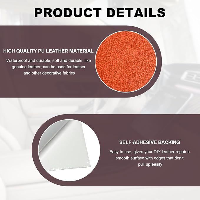 2 PCS Leather Repair Patch Tape, 4 x 8 Inch PU Vinyl Repair Patches for Car Upholstery Seat, Waterproof Self Adhesive Leather Tape Repair Kit for Furniture Couches Chairs (Orange)