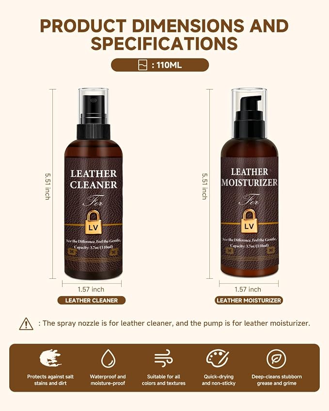 Leather Cleaner & Moisturizer Set for Louis Vuitton, Cleaning and Maintenance Set for LV, Powerful Stain Removal, Gentle Care, Suitable for LV Handbags/Wallets and Other Luxury Brands