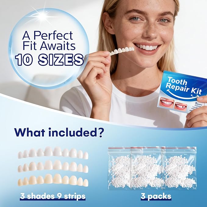 Temporary Tooth Repair Kit: Missing Tooth Replacement Kit Replace Missing or Broken Tooth Filling The Gap - Moldable False Teeth Come with 3 Shades 10 Size