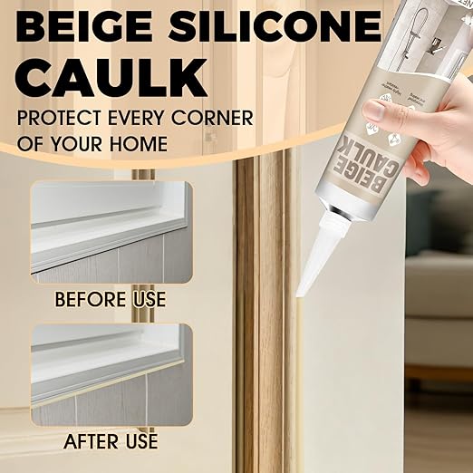 Beige Caulk, Silicone Caulk for Bathroom Shower Kitchen Tile Floor Sealing, Waterproof, Stronger Adhesion, Shrink & Crack Proof, with A Scraper for Applying Evenly, 100g