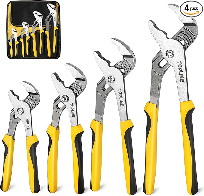 TOPLINE 4-Piece Groove Joint Pliers Set with Bi-Material Handles, 12-in, 10-in, 8-in and 6-in Included, Tongue and Groove Pliers Set for Plumbing Repair and Home Maintenance, Rolling Pouch Included