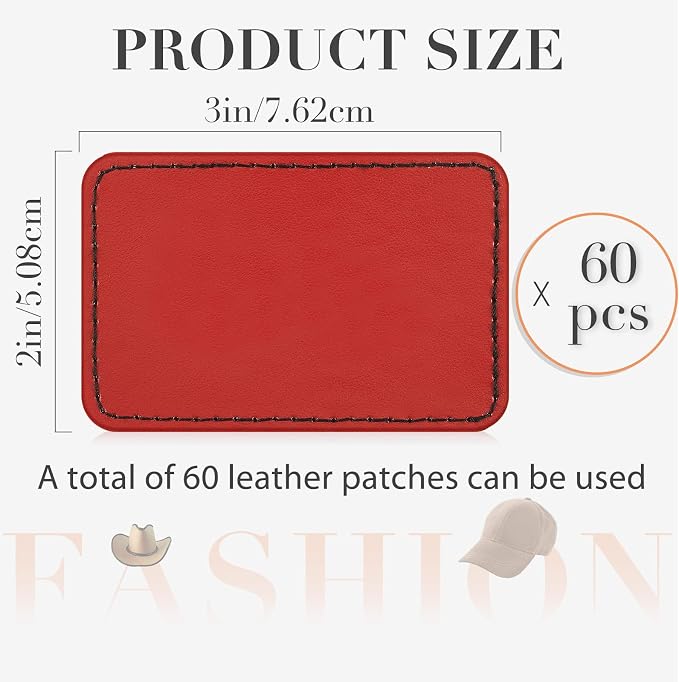 Dunzy 60 Pcs Leather Hat Patches Blank Leatherette Hat Patch with Adhesive Rectangle Laserable Leatherette Patch for Hats Custom Fabric Sew Laser Engraving DIY(Red,3 x 2 Inch)