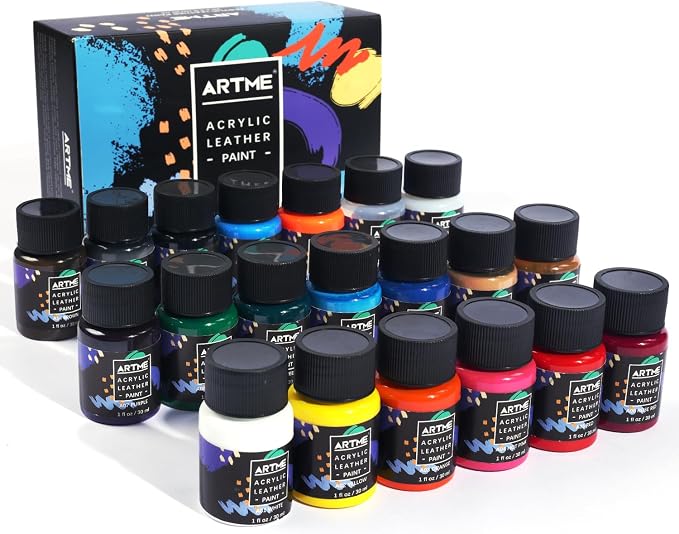 ARTME Acrylic Leather Paint Set, 20 Colors x 30ml Acrylic Leather Dye Kit Perfect for Shoes, Sneakers, Jackets, Sofa, and Car Seat