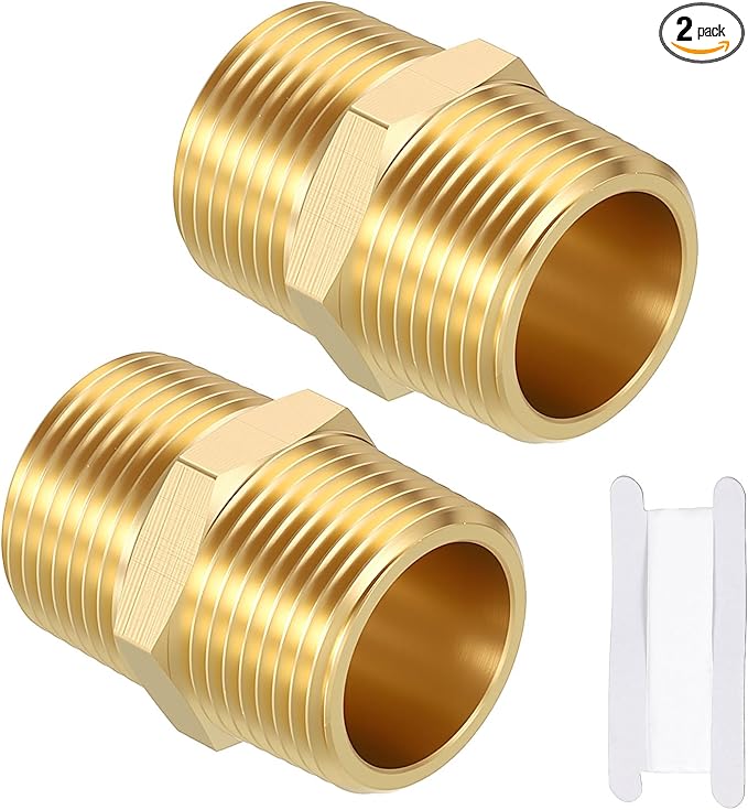 Packs of 2, 3/4" MNPT To 3/4" MNPT Solid Brass Hex Nipple Hose Connectors W/Sealing Tapes, Male Pipe Adapter for Pipe Leak Repair, Bathroom Remodeling, Tool Extension, Compression