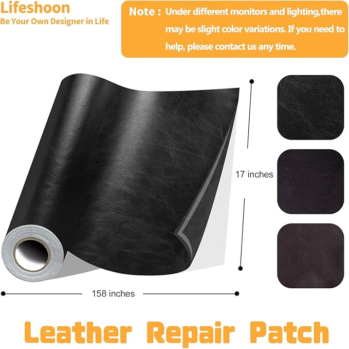 Lifeshoon Leather Repair Patch, 17X158 Inch Glossy Self Adhesive Leather Repair, Large Vinyl Patch Tape for Couches, Furniture, Car Seats, Cabinets, Wall, Handbags （17X158 Inch, Black）