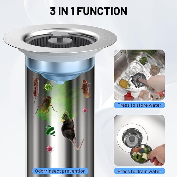 Widened 3 in 1 Kitchen Sink Drain Strainer & Stopper Kit, 304 Stainless Steel Pop Up Kitchen Sink Stopper with Extra Strainer Basket, Fast Drainage Kitchen Sink Plug for US Standard 3-1/2 Inch Drain