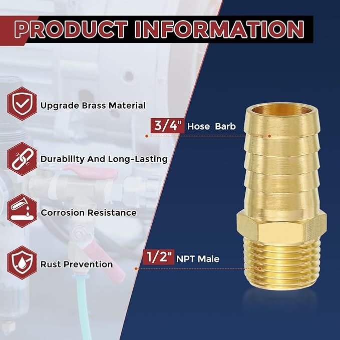 Pack of 1 Brass Hose Barbed Fittings Adapter Connector 3/4" Hose Barb to 1/2" NPT Male Fittings for Home Machines, Massage Bathtubs, and Irrigation Systems