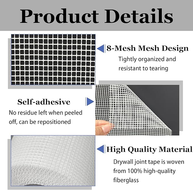 Acuteye Drywall Mesh Tape, 6IN X 90FT 100% Fiberglass 8 Mesh Drywall Repair Joint Tape Roll Self Adhesive for Patch Hole Wall Crack Seam