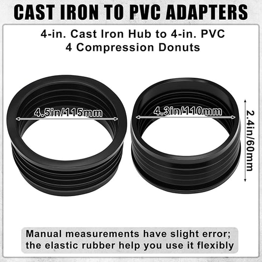 4 Pack 4'' to 4'' Cast Iron Hub to PVC Adapter Sewer Pipe Repair Kit Flexible Seal Fitting for Schedule Pipes Leak Resistant Corrosion Proof Durable