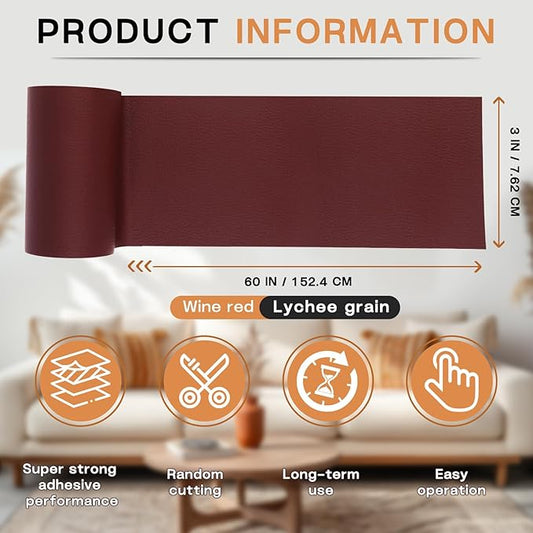 Leather Repair Patch, 3 x 60In Self Adhesive Leather Repair Tape Kit for Furniture, Couch, Sofa, Office, Car Seats, Car Interior, Vinyl Repair Kit (Wine Red)