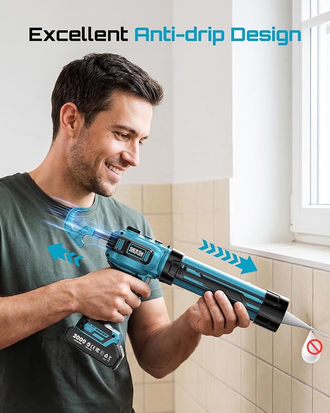 SEESII Electric Caulk Gun, Cordless Caulking gun w/2 x 2.0Ah Batteries, Battery Power Caulking Gun with Brushless Motor & LED Light, Filling and Sealing for Doors Floors Walls Window, 10 Oz