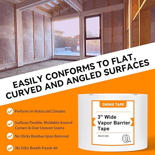 Vapor Barrier Tape, High-Adhesion Waterproof Seam Tape, Insulation Tape 3" Wide x 180' Long, PE Seal Tape 9 mm, for Crawlspaces Barriers Seal and Seam Insulation Repairs & Plastic Liners, 8 Roll